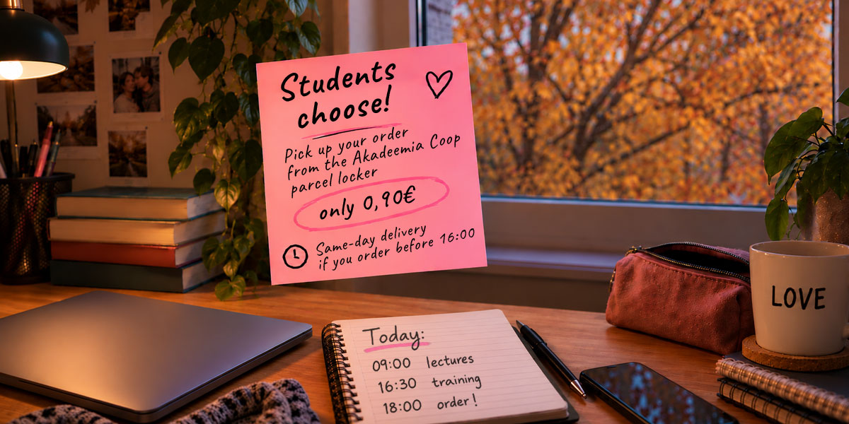 Special offer for students - pick up your order from the Akadeemia Coop parcel locker for only €0.90, with same-day delivery when ordered before 16:00