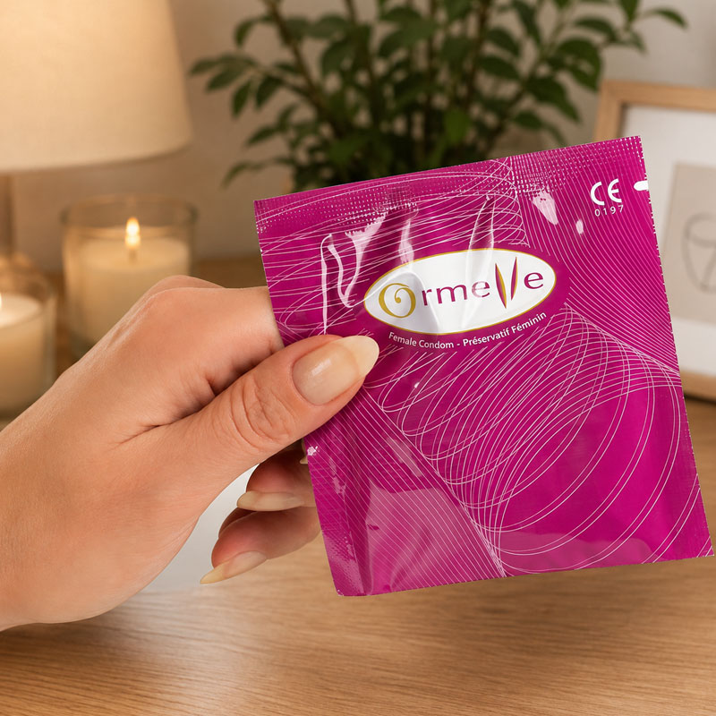 Ormelle female condom package held in hand