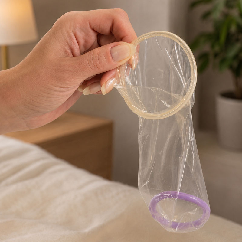 Ormelle female condom without packaging held in hand